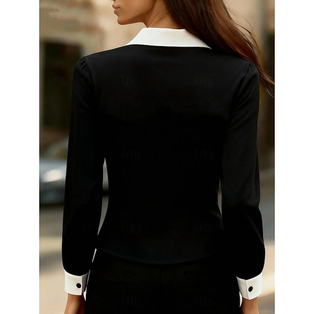 Women's Blouse Patchwork Buttons Color Block Elegant