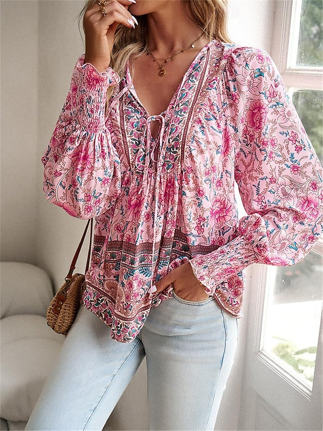 Women's Shirt Blouse Casual Boho Floral Lace up Print Long