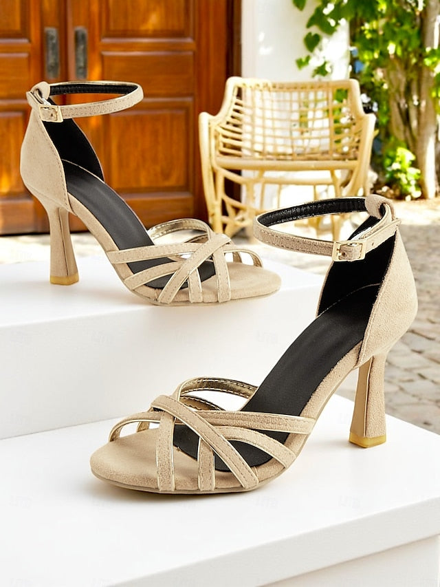 Women's Elegant Suede Strappy – Nude Ankle Heels 1950s