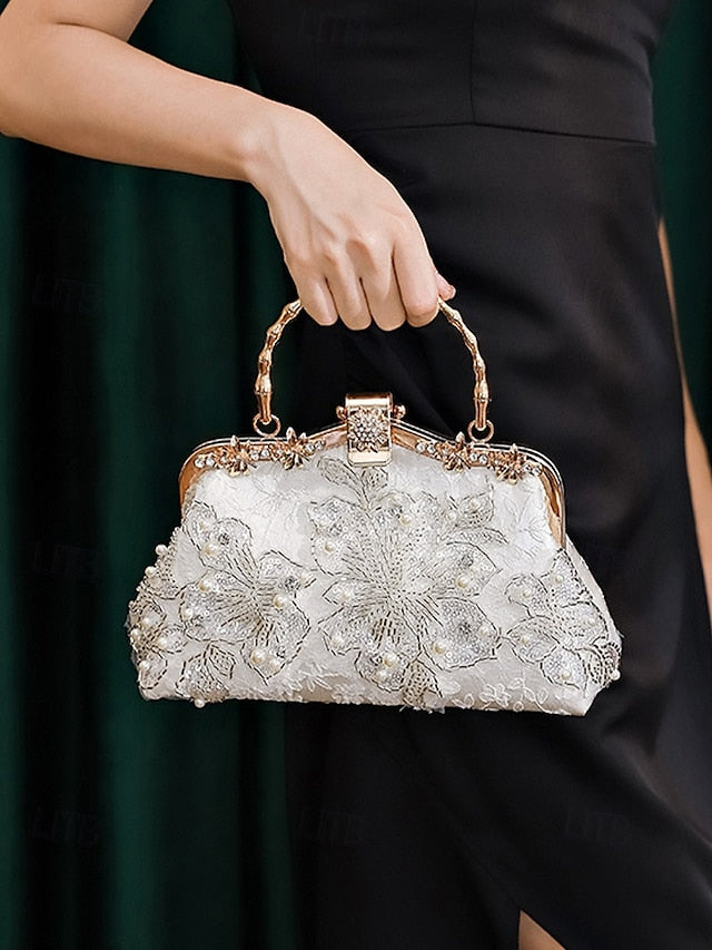 and Lace Floral Handbag Pearl with Evening White Elegant