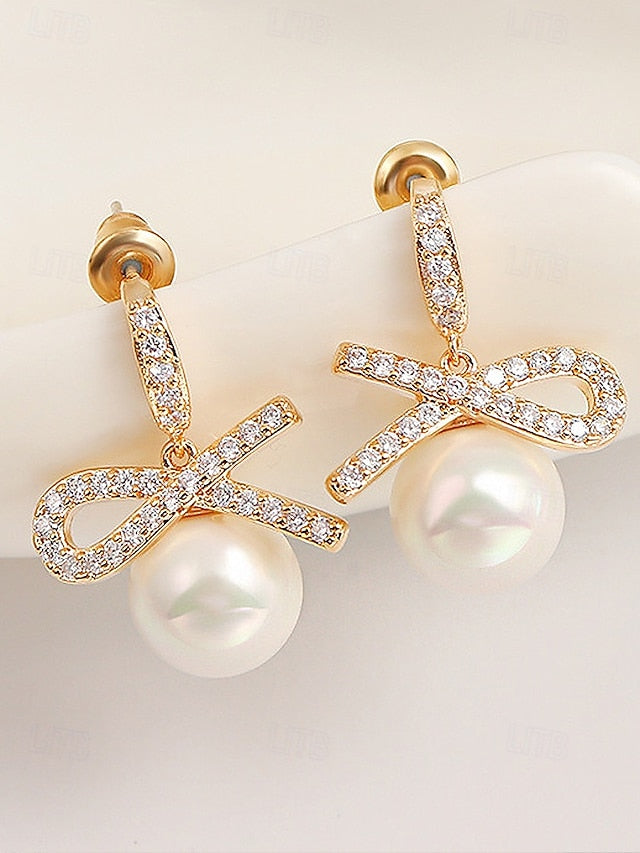 Bow Women's with Rhinestone Earrings Pearl Christmas and