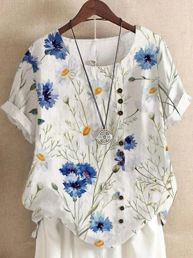 Women's Shirt Blouse Faux Cotton Linen Floral Casual Short