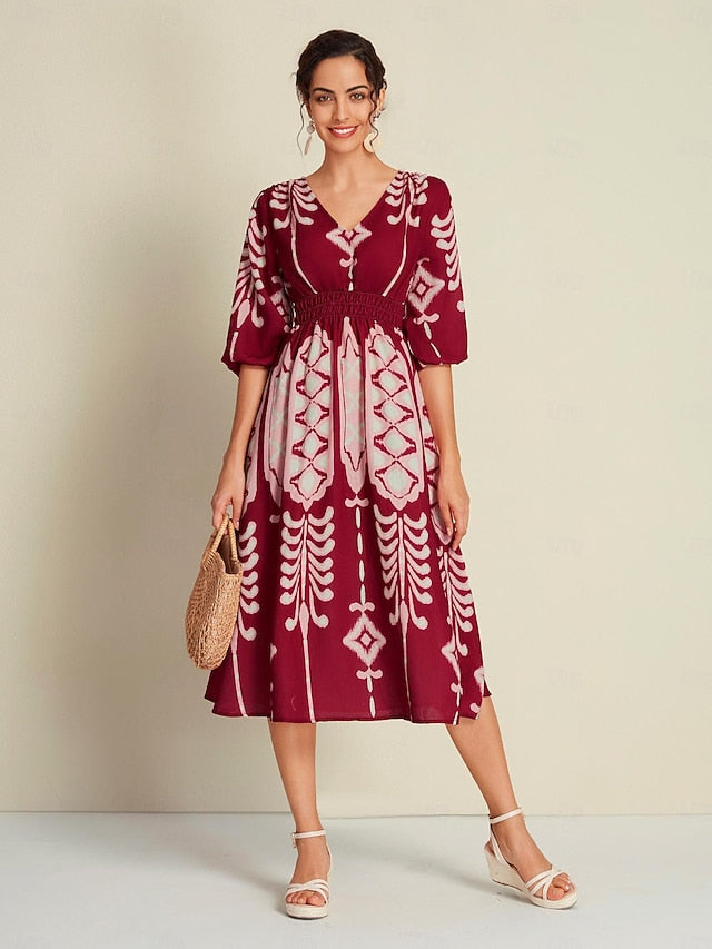 Folk Print Brick Red Half Sleeve V Neck Midi Dress