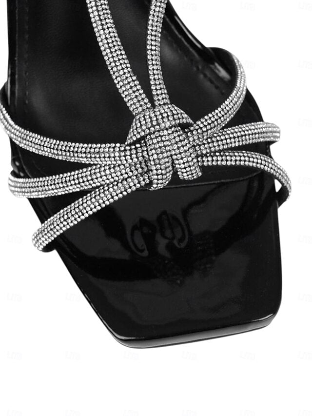 Square Stiletto Strappy Women's Rhinestone Heels with Toe
