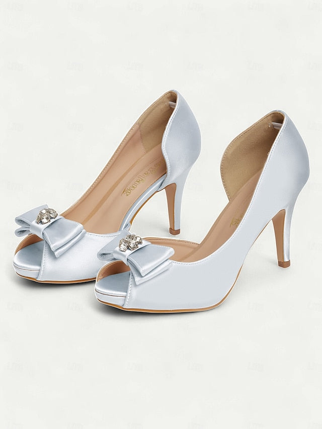 Peep and Champagne Toe Heels with Women's Bow Satin