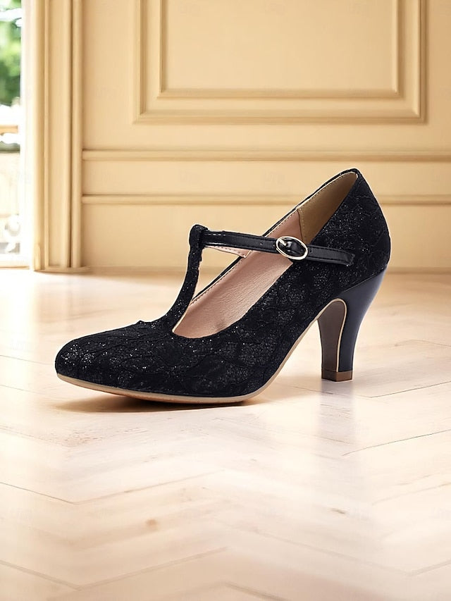 Pumps-1920s Ivory T-Strap Heel Vintage Mid Lace Women's