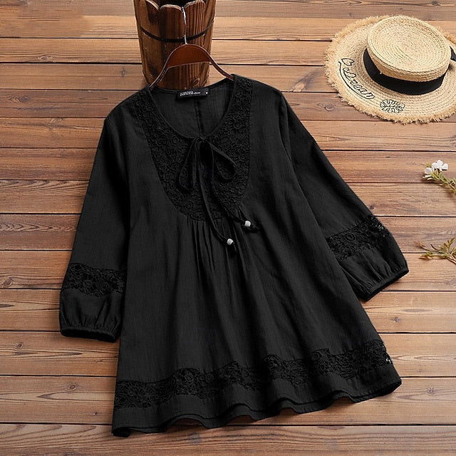 Women's Lace Splicing Top Blouse Dressy Tops Ruched Lace up