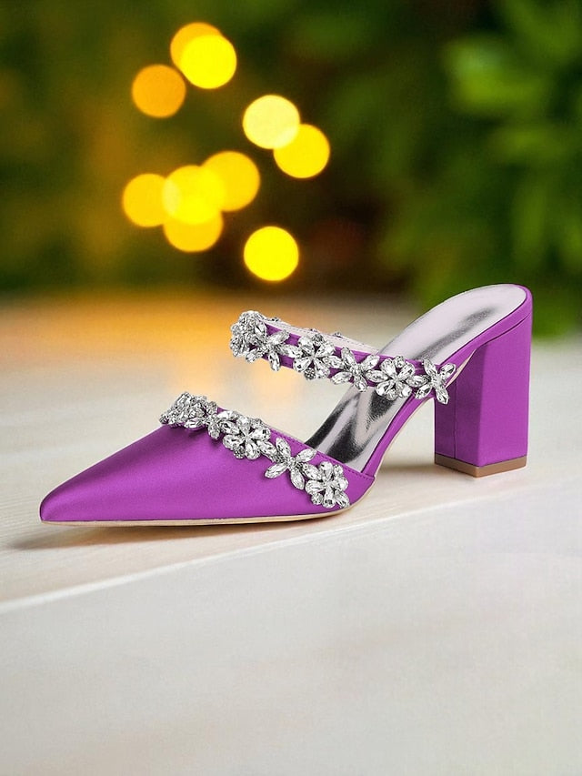 Women's Mules Rhinestone Floral Heel Black Block Satin with