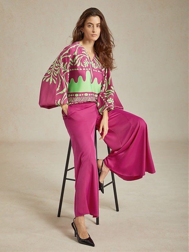 Women's Top Vivid Fuchsia Print Satin Lantern Long Sleeve V