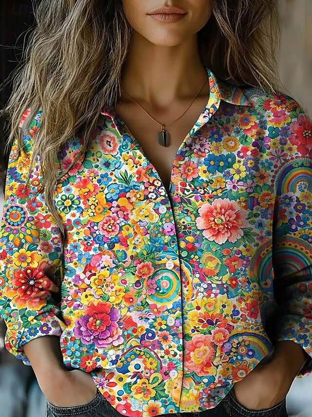 Women's Shirt Faux Cotton Linen Buttons Print Sun Bohemia