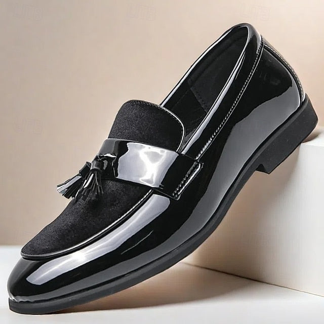 Faux Black Patent Loafers Leather Men's Velvet Tassel –