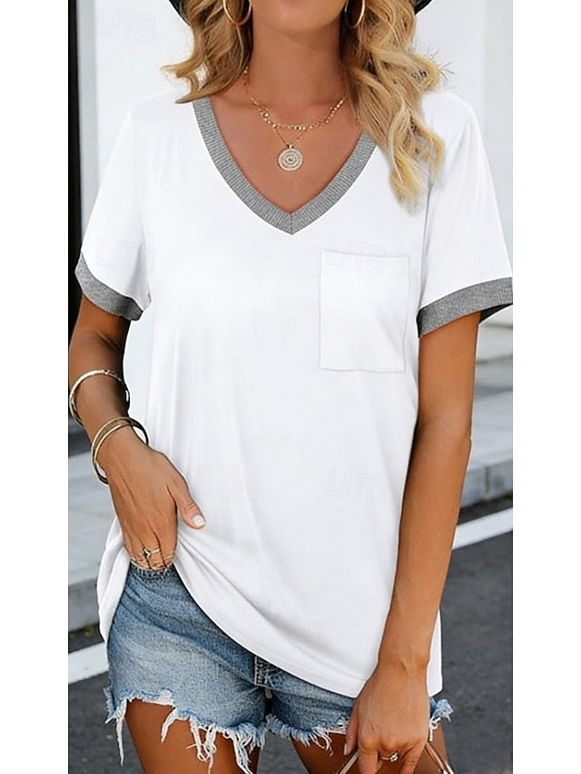 Women's T Shirt Patchwork Pocket Color Block Solid Color