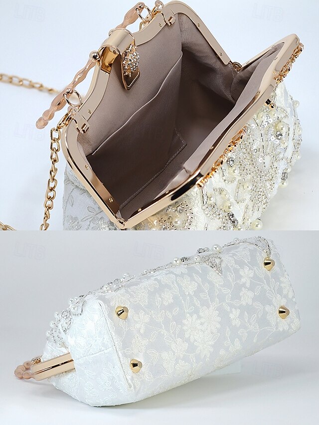 and Lace Floral Handbag Pearl with Evening White Elegant