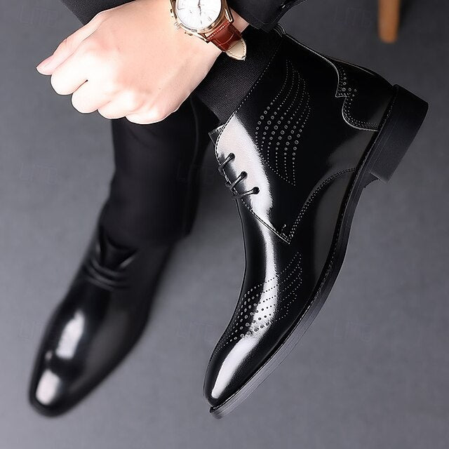 Burgundy Glossy Wingtip Faux Brogue Ankle Leather Men's