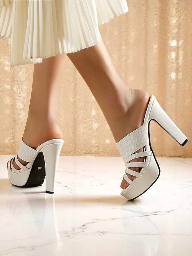 Mule Heels Strappy Open-Toe Platform - Women's White