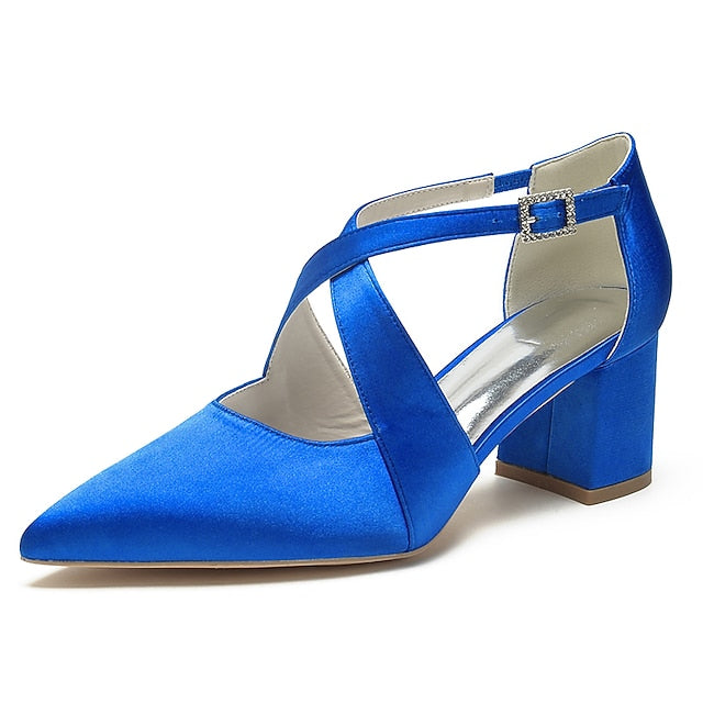 – Elegant White Block Pointed Heels Women's Satin Toe