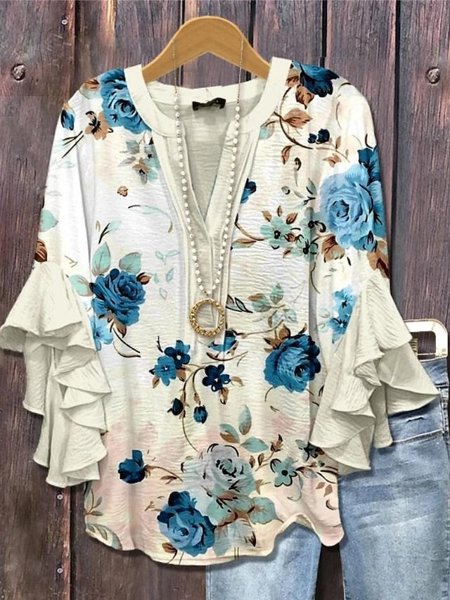 Women's Retro Blouse Layered Ruffle Sleeve Tops Vintage