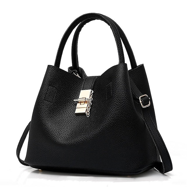 Gold Lock with and Faux Women's Chain Leather Handbag Red