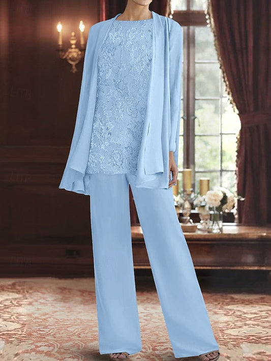 3 Mother Bride Piece of Crew Neck Pantsuit Elegant Dress the