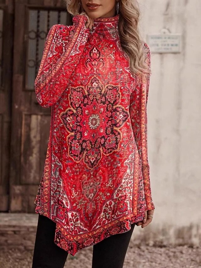 Women's Shirt Blouse Long Sleeve Tops Asymmetric Hem Floral