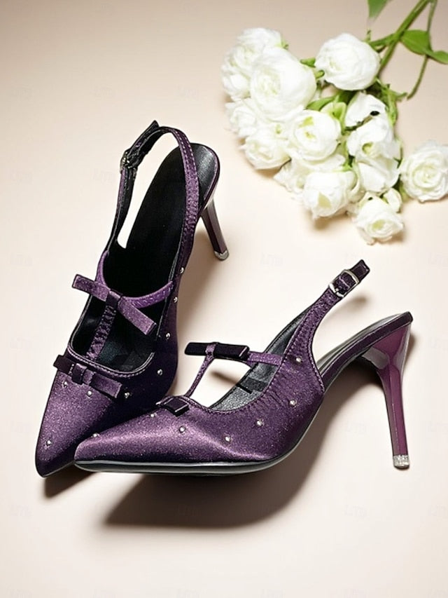 Purple Studs Satin T-Strap and Bows Women's – with Heels