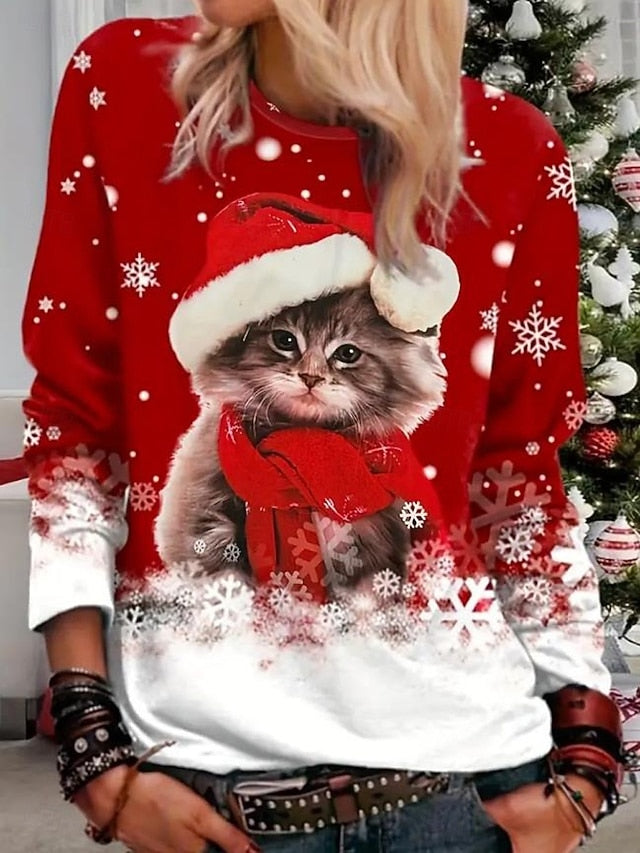 Christmas Women's T Shirt Graphic Animal Cat Fashion Casual