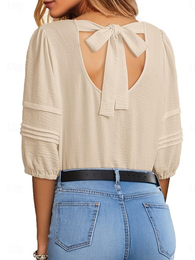 Women's Blouse Solid Color Stylish Casual 3/4 Length Sleeve