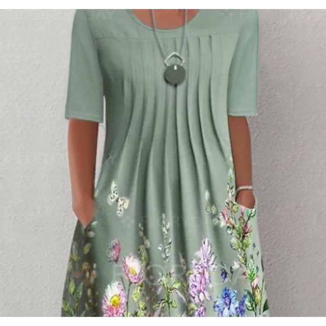Women's Midi Dress Casual Dress Floral Ruched Pocket Crew
