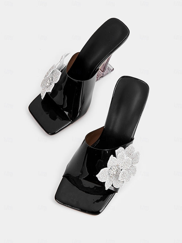 Black with Rhinestone Flower Patent Leather Women's Mules