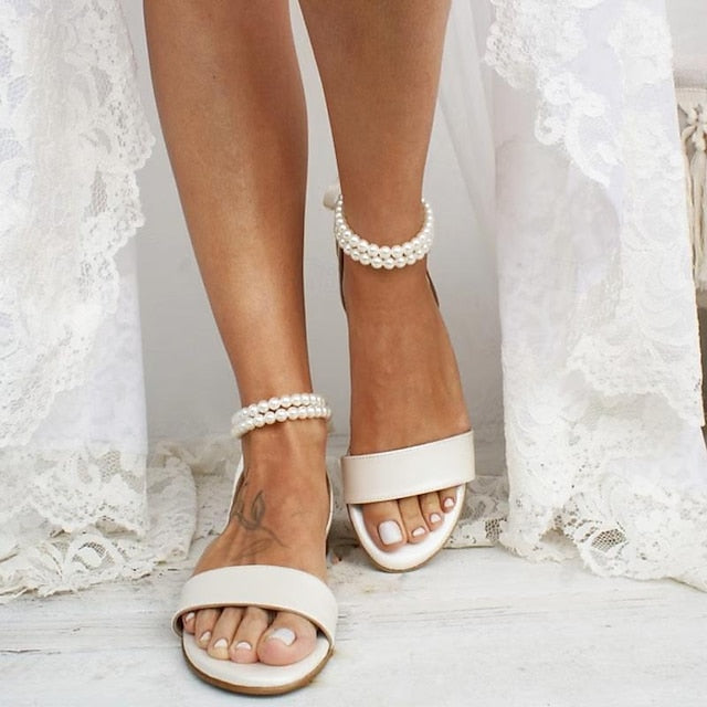 Flat with Ankle – Strap Pearl Women's Sandals White