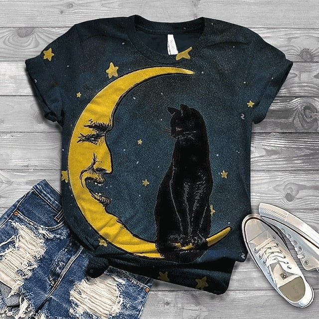 Women's T Shirt Streetwear Preppy Cat Print Short Sleeve