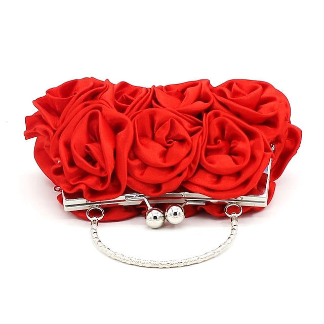 Women's Red Rose Fabric Evening Clutch with Top Handle,