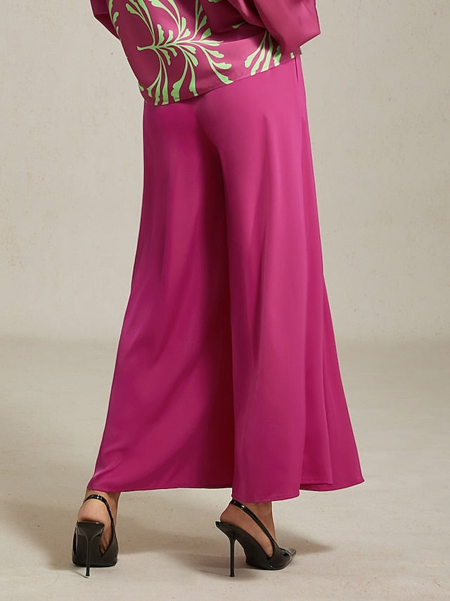 Women's Top Vivid Fuchsia Print Satin Lantern Long Sleeve V