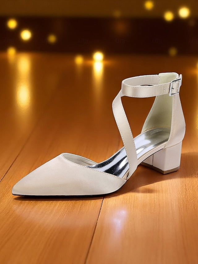 Women's Block Pointed - Satin Toe Champagne Heels
