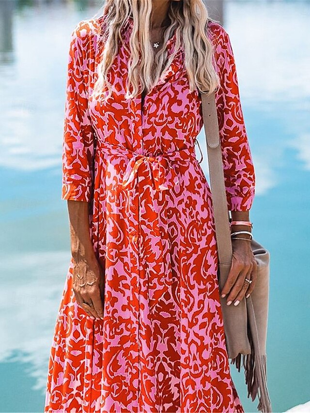 Women's Floral Print V Neck Long Dress Maxi Dress 3/4