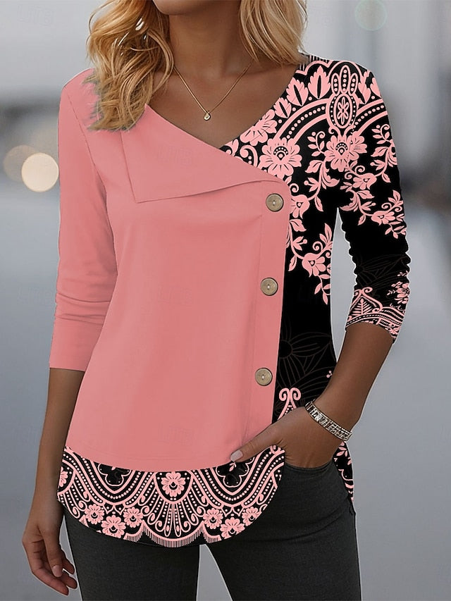 Women's Blouse Tunic V Neck Long Sleeve Buttons Graphic