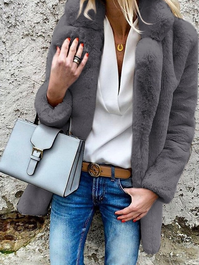 Fur Women's Casual Collar Warm Plain Comfortable Going Coat