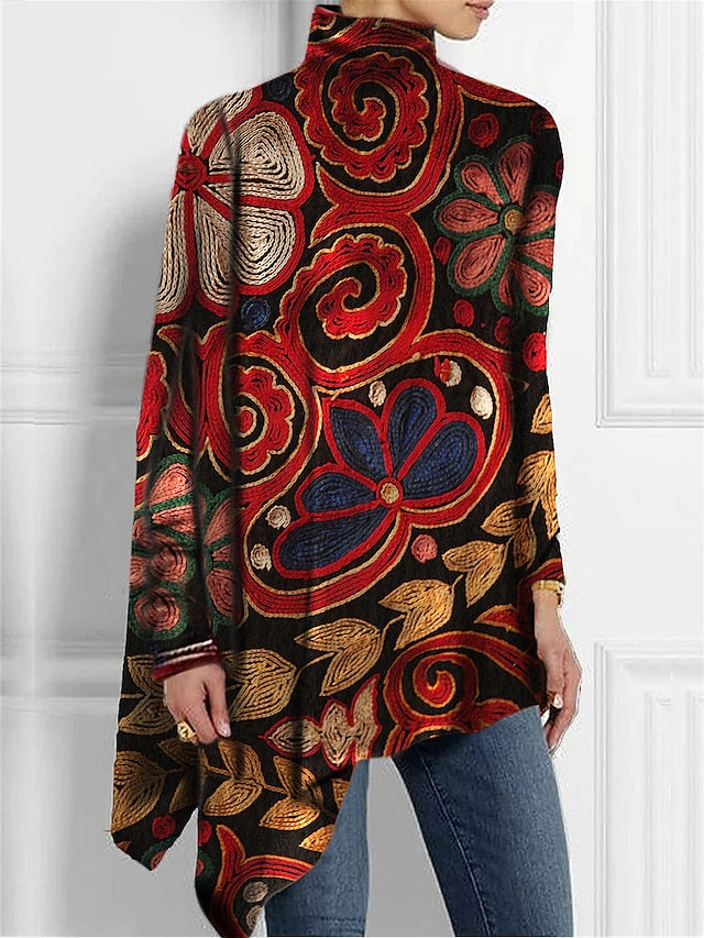 Women's T Shirt Fashion Floral Print Asymmetric Hem Long