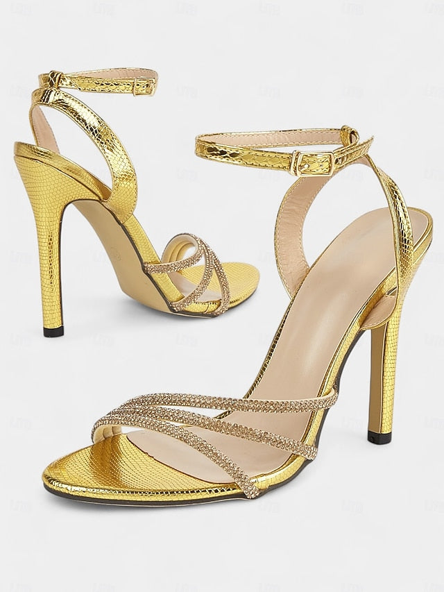 Gold Stiletto Sandals for Women Rhinestone-Embellished Open-Toe