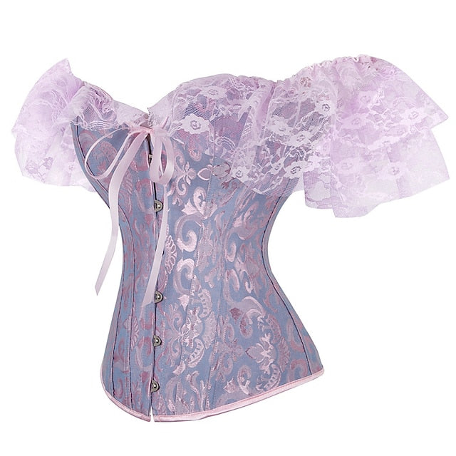 Women Floral Lace Off Shoulder Overbust Corset Bustier Boned