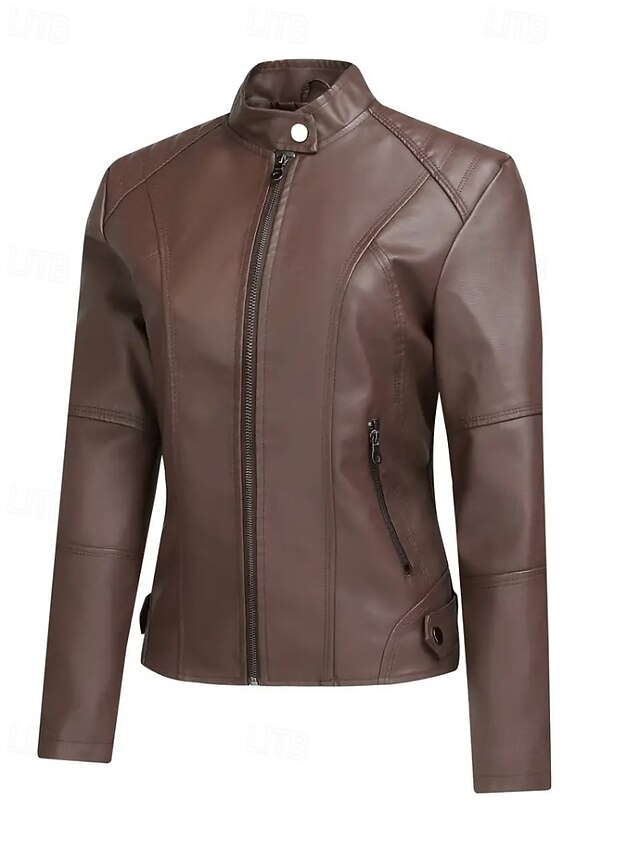 Faux Pocket Leather Comfortable Women's Zipper Jacket