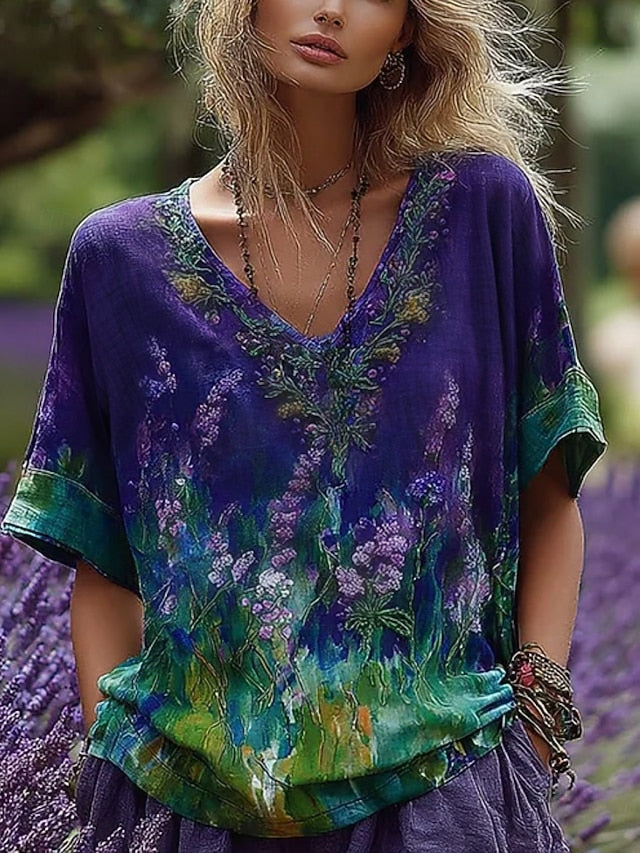 Women's T Shirt Print Floral Fashion Modern Half Sleeve V