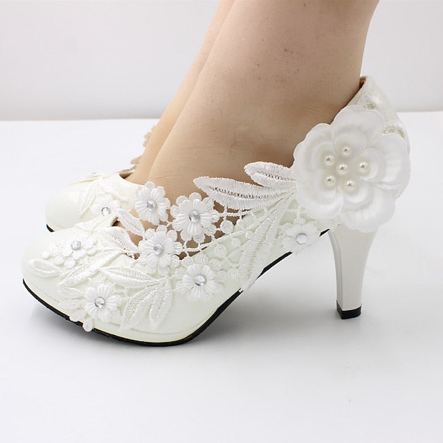 – Lace Floral Wedding White Heels Embellishments Women's
