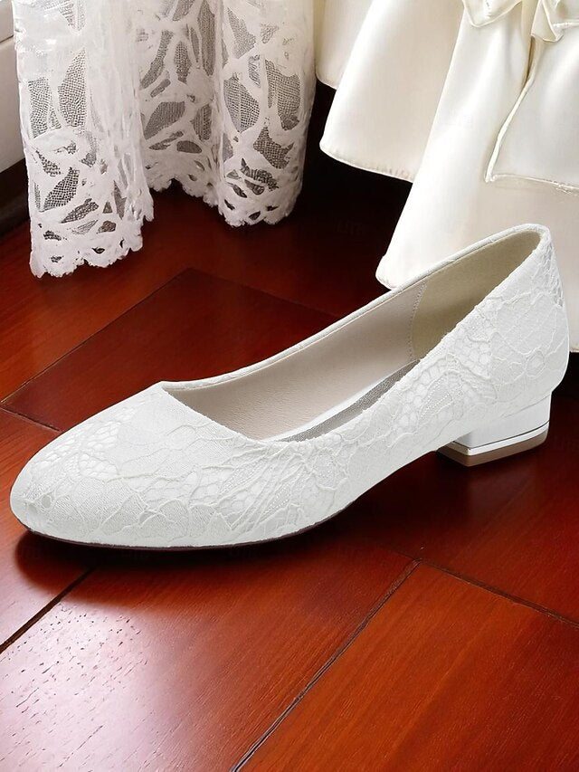 Ivory Women's Lace Heel Flats Low Wedding