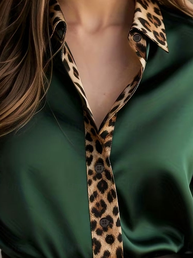Women's Satin Shirt Dress Shirt Blouse Patchwork Buttons