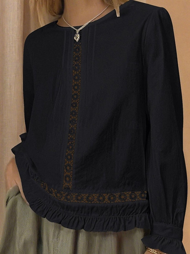 Women's Blouse Eyelet top Ruched Patchwork Eyelet Solid