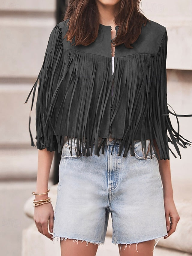Women's Blouse Tassel Plain Western Sleeveless V Neck
