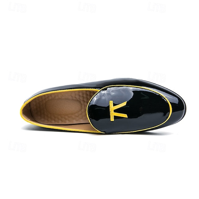 Yellow Loafers Black Leather with Faux Trim Men's Patent