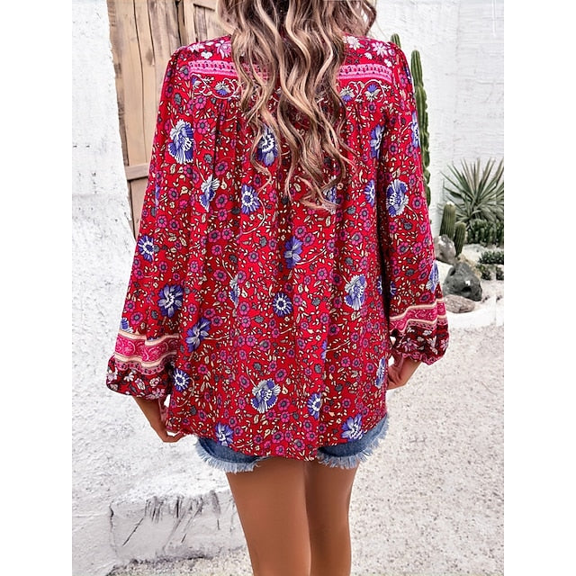 Women's Shirt Blouse Lace up Print Floral Bohemia Ethnic