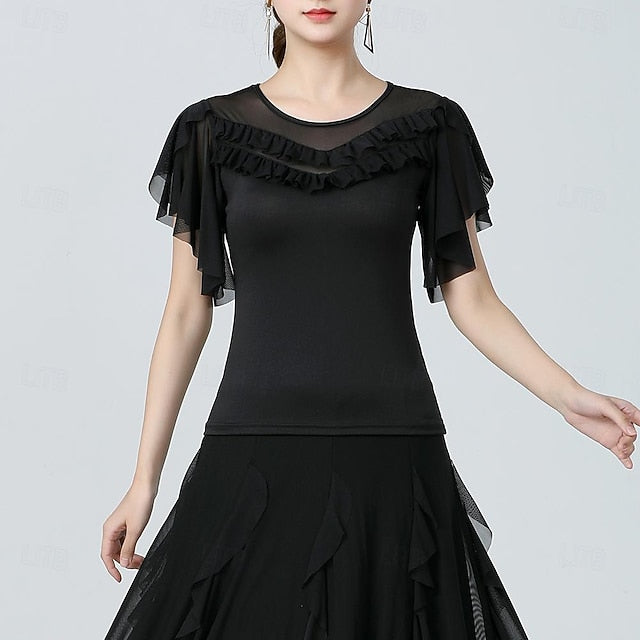 Latin Dance Ballroom Dance Top Pure Color Splicing Tulle